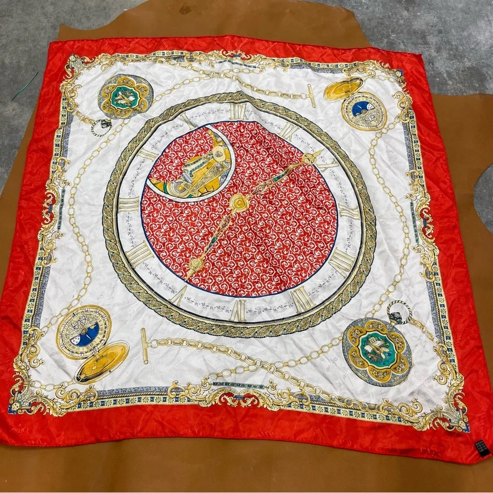 Vintage Silk Scarf Red and Gold Clock Motif Scarf Olpan